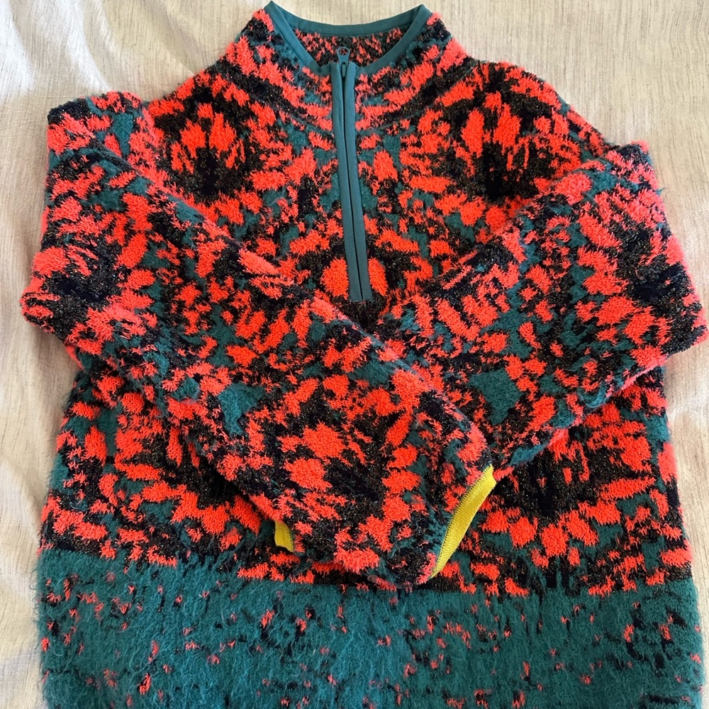 Anthropologie Pink, Black & Green Floral Fuzzy Half-Zip Sweater